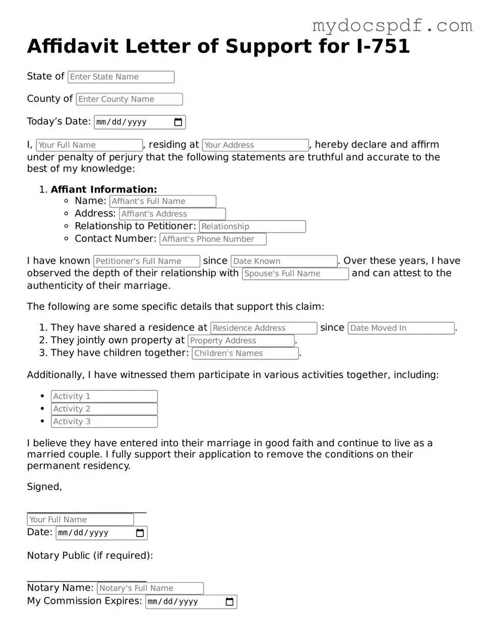 Attorney-Approved Affidavit Letter of Support for I-751 Template
