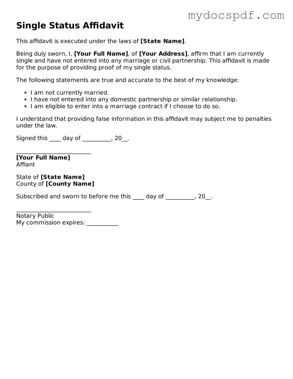 Attorney-Approved Single Status Affidavit Template