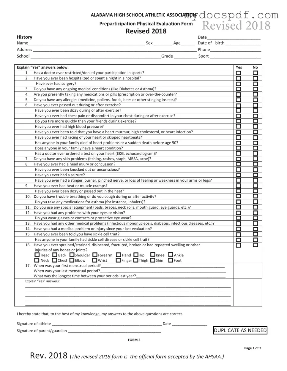 Get Alabama High School Physical Form in PDF