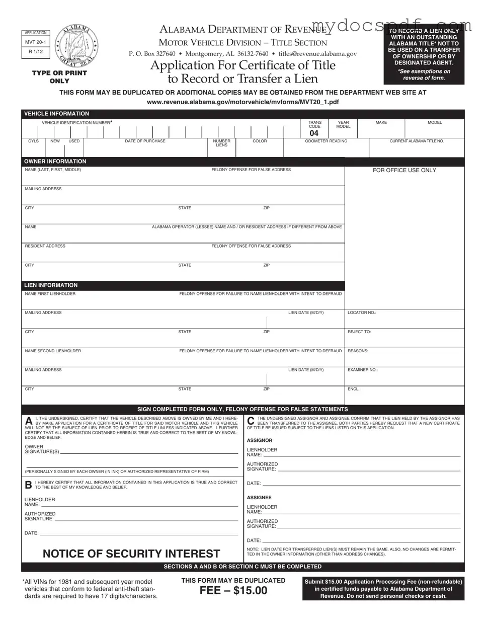 Get Alabama Mvt 20 1 Form in PDF