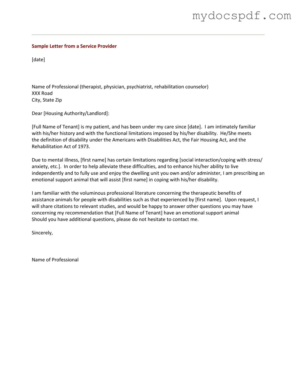 Get Emotional Support Animal Letter Form in PDF
