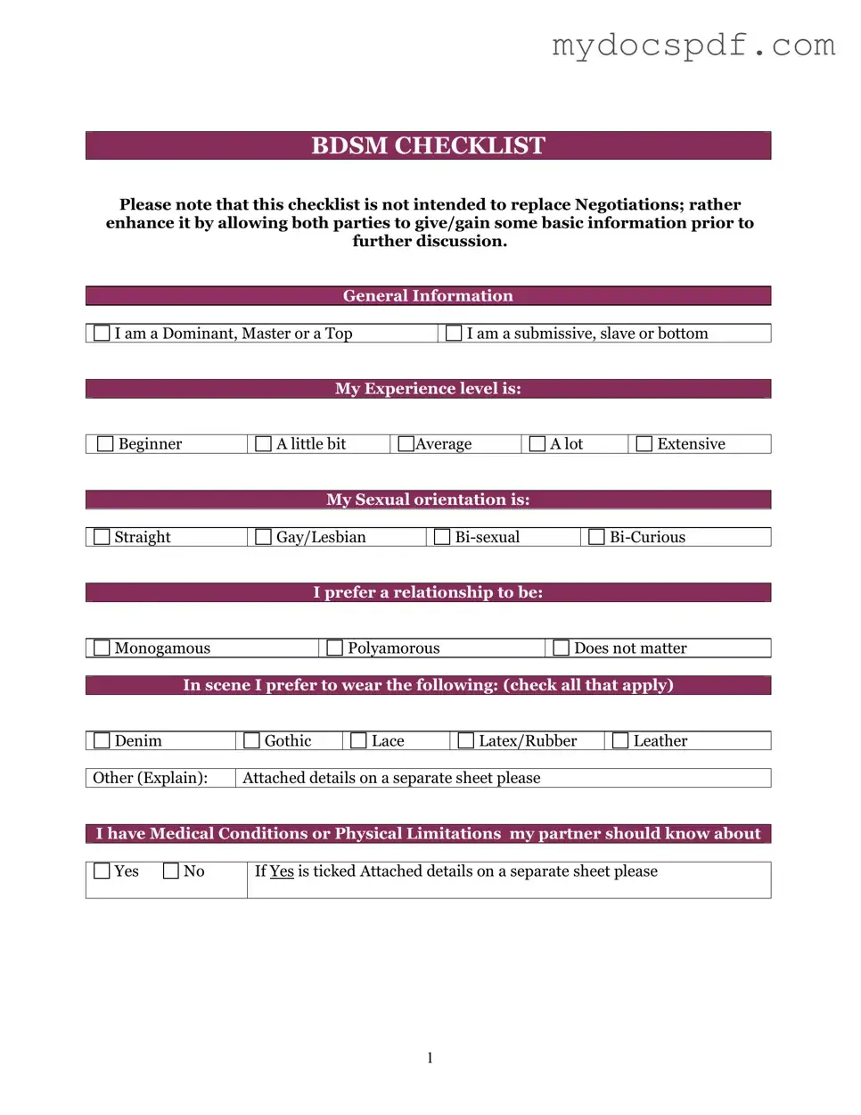 Get Bdsm Checklist Form in PDF