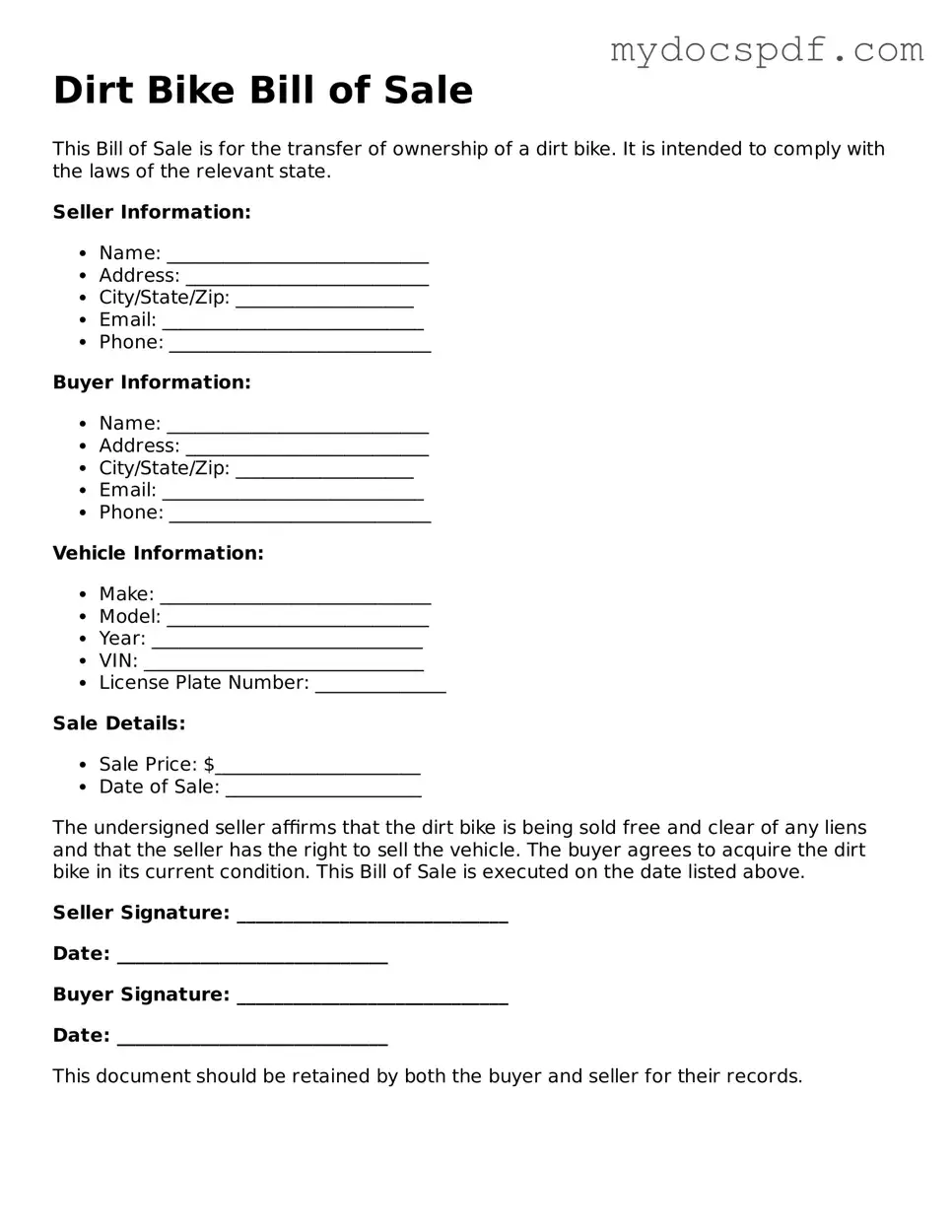 Attorney-Approved Dirt Bike Bill of Sale Template