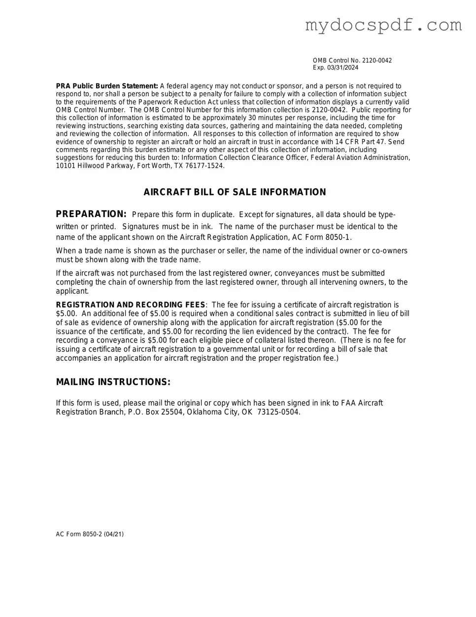 Get Aircraft Bill of Sale AC 8050-2 Form in PDF