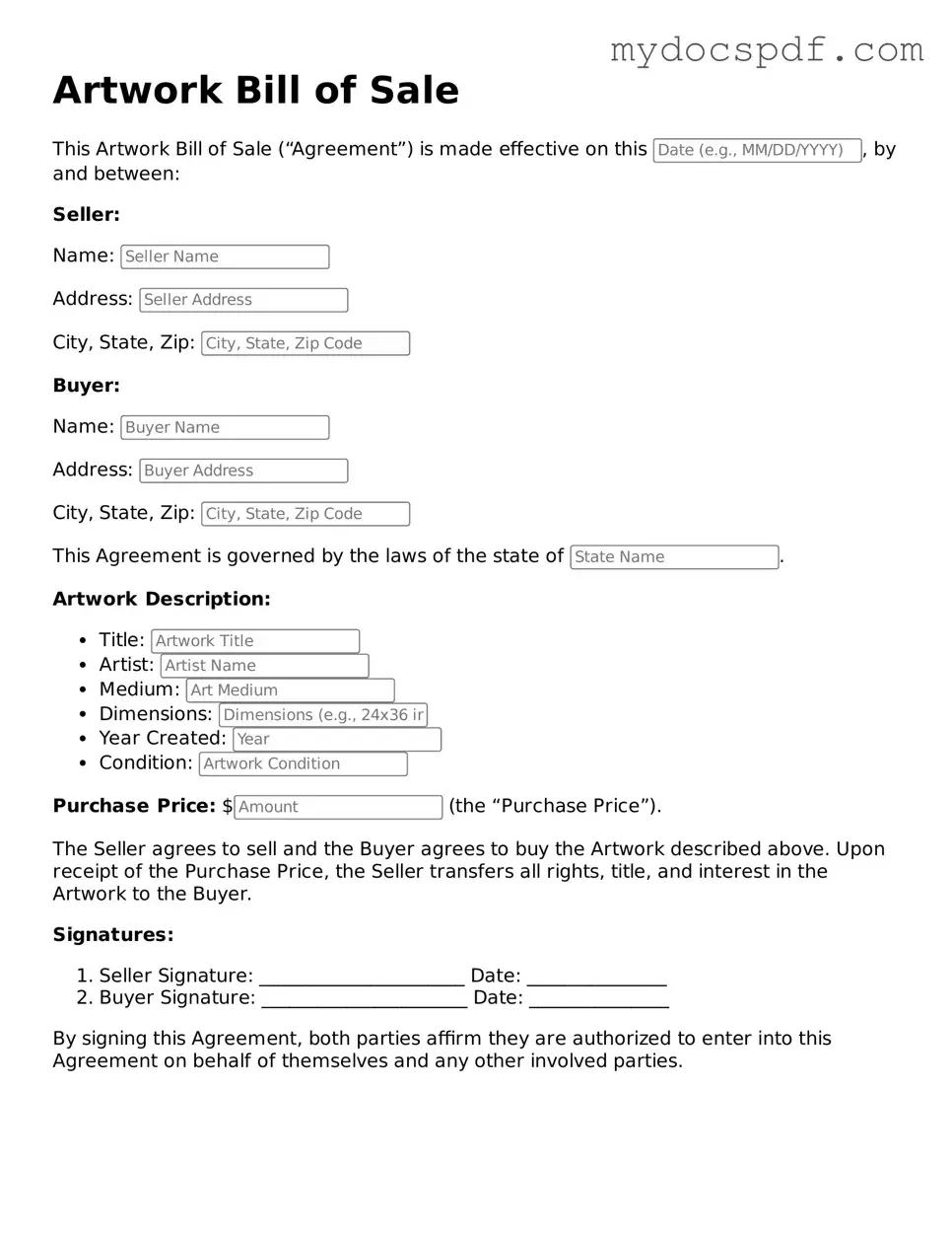 Attorney-Approved Artwork Bill of Sale Template