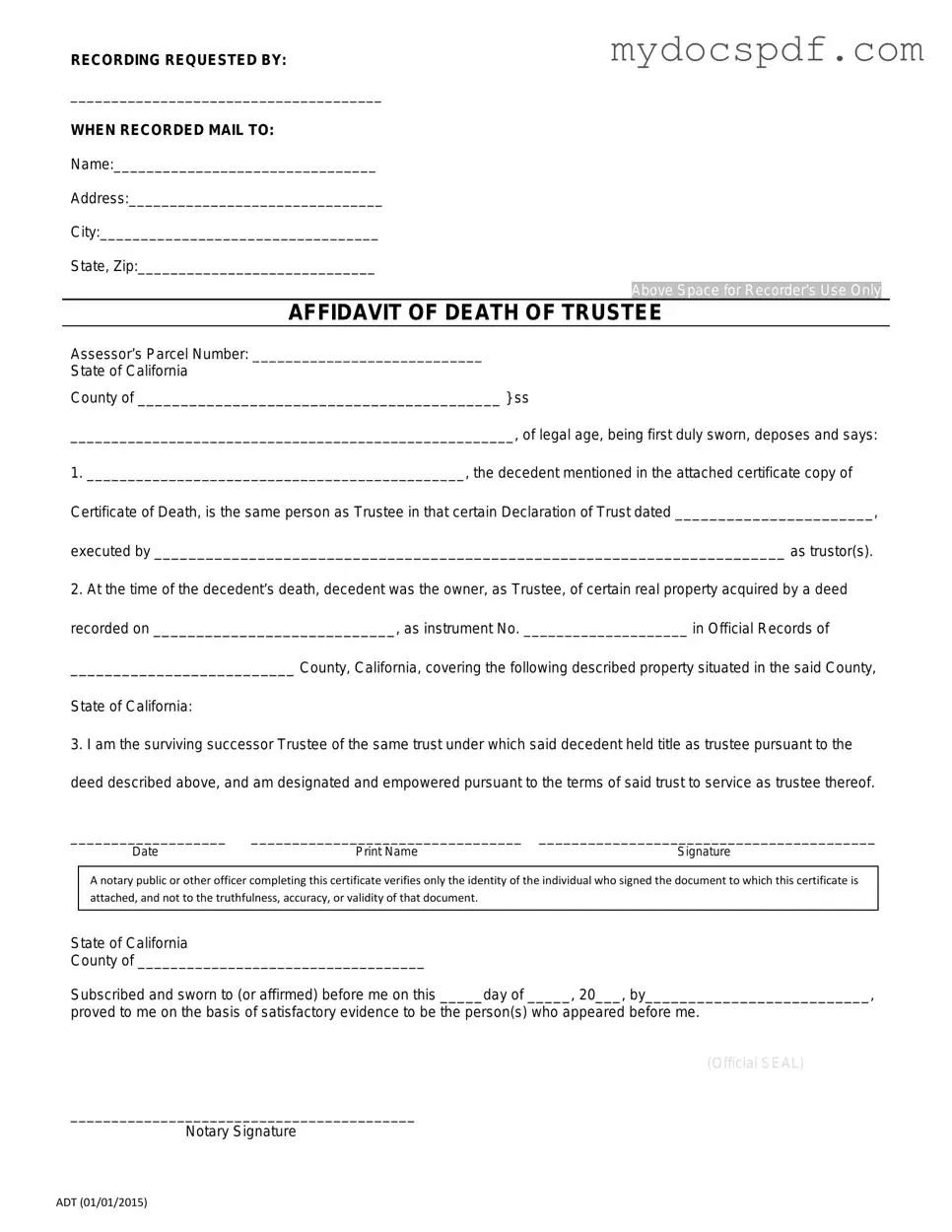Get California Affidavit of Death of a Trustee Form in PDF