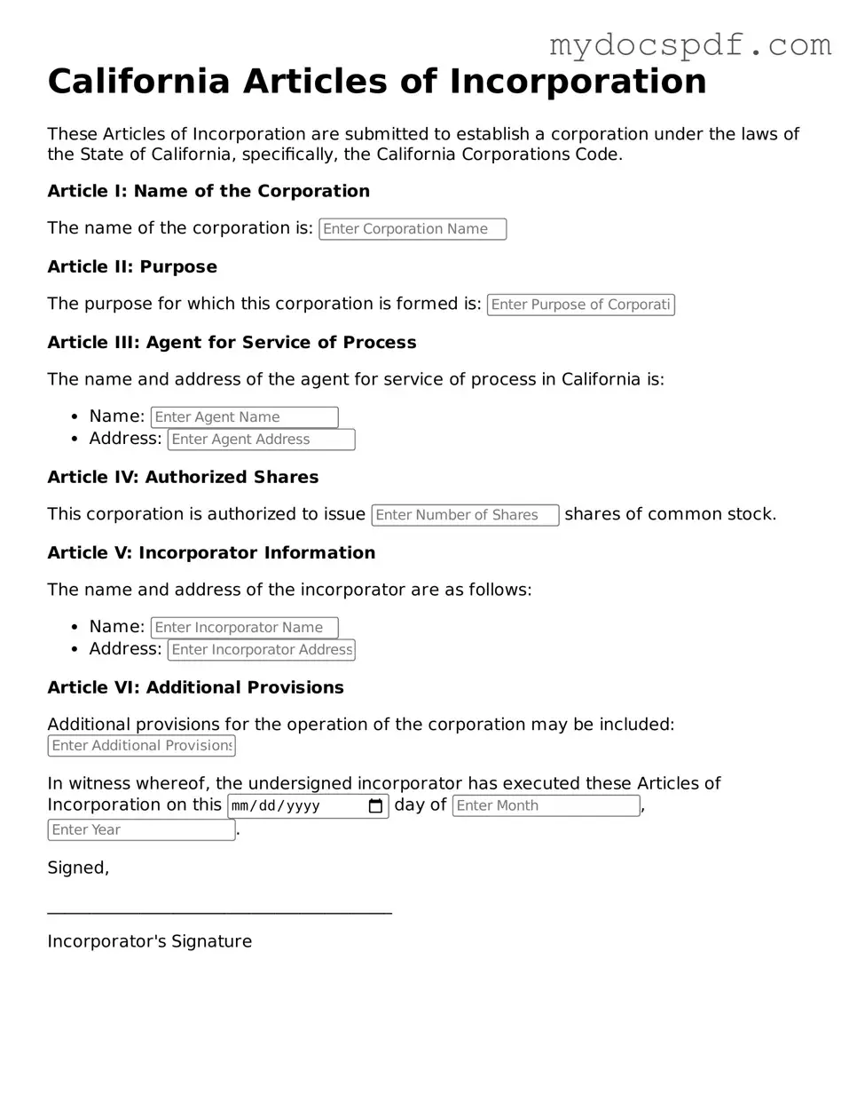 Fillable California Articles of Incorporation Document