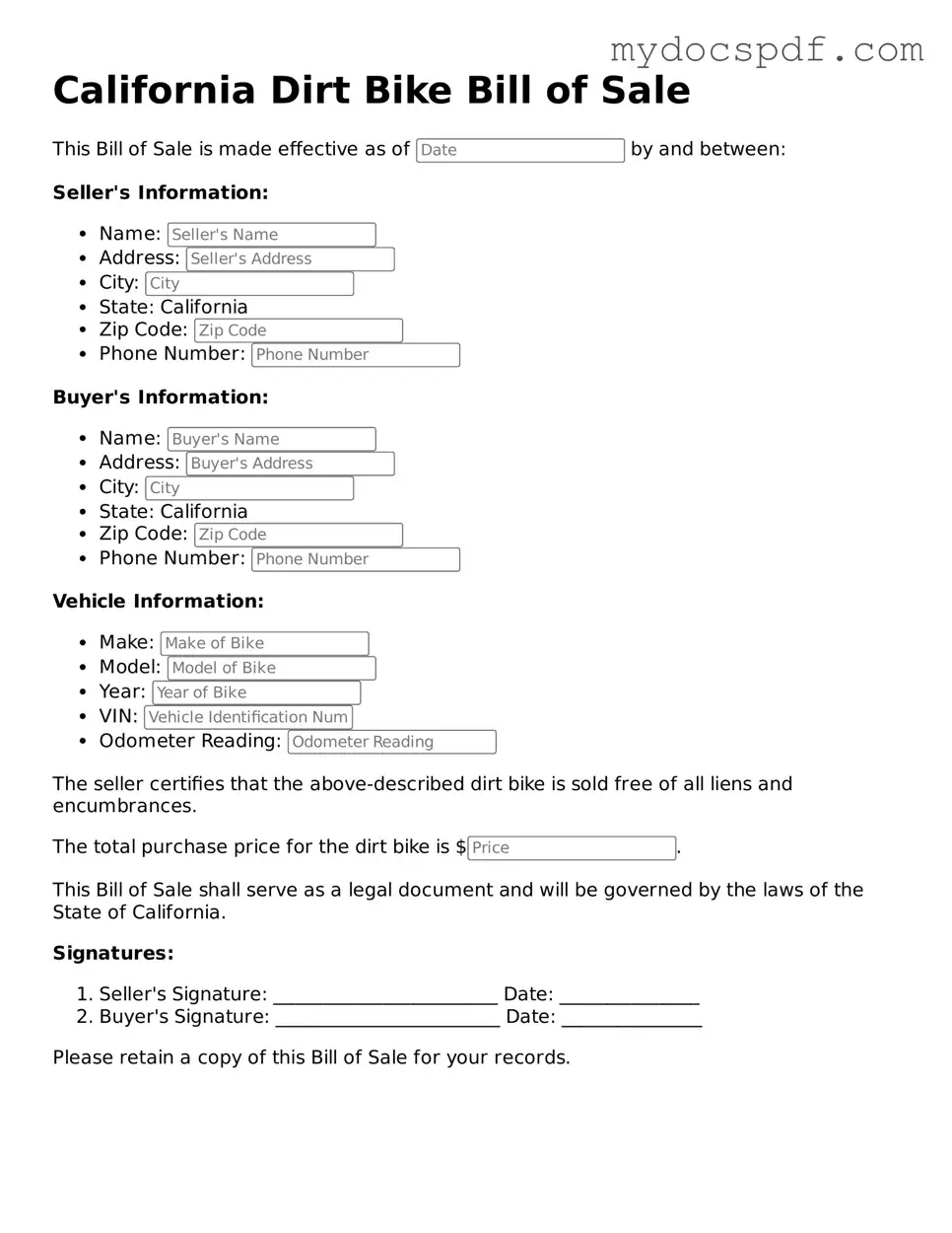 Fillable California Dirt Bike Bill of Sale Document