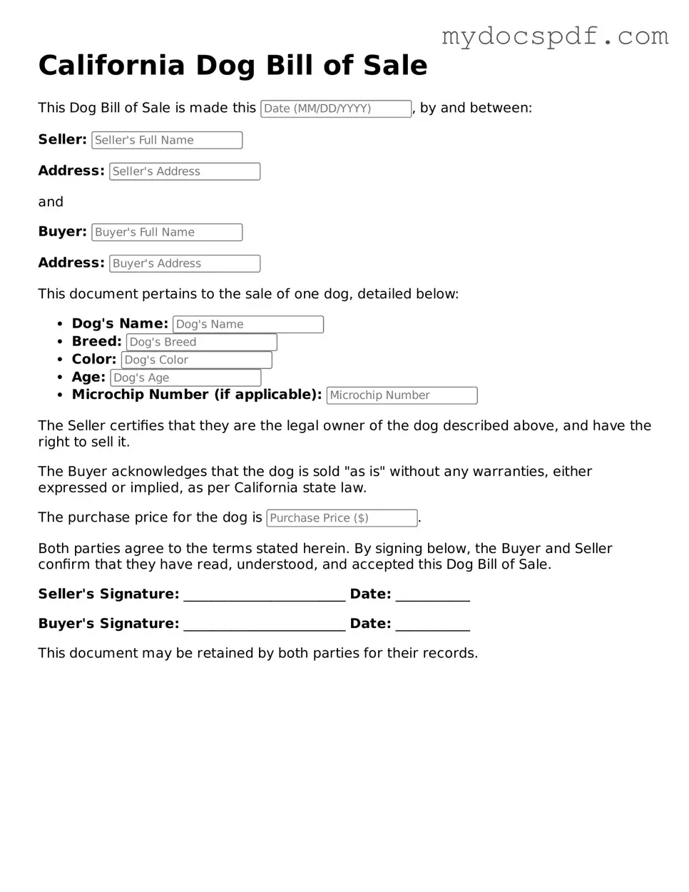 Fillable California Dog Bill of Sale Document