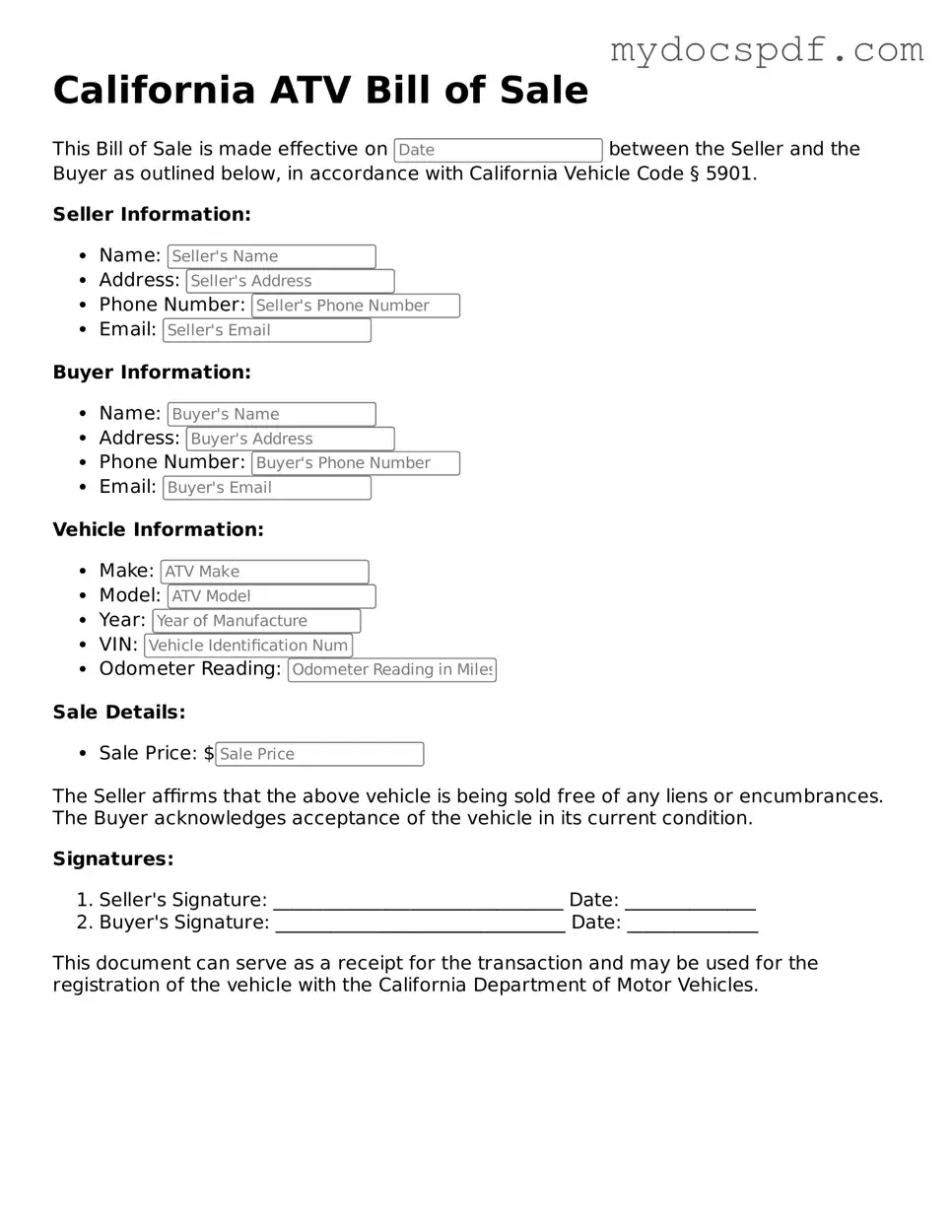 Fillable California ATV Bill of Sale Document