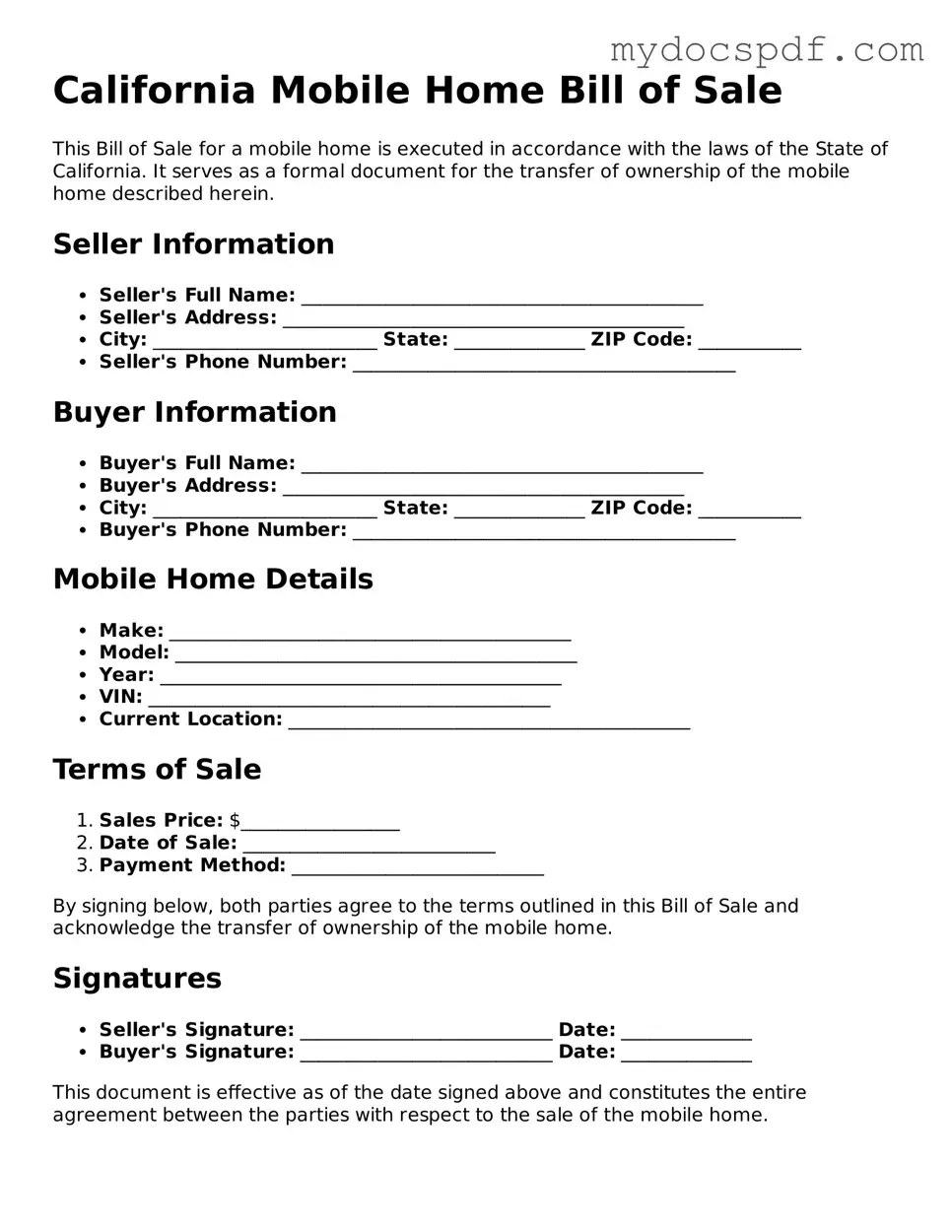 Fillable California Mobile Home Bill of Sale Document