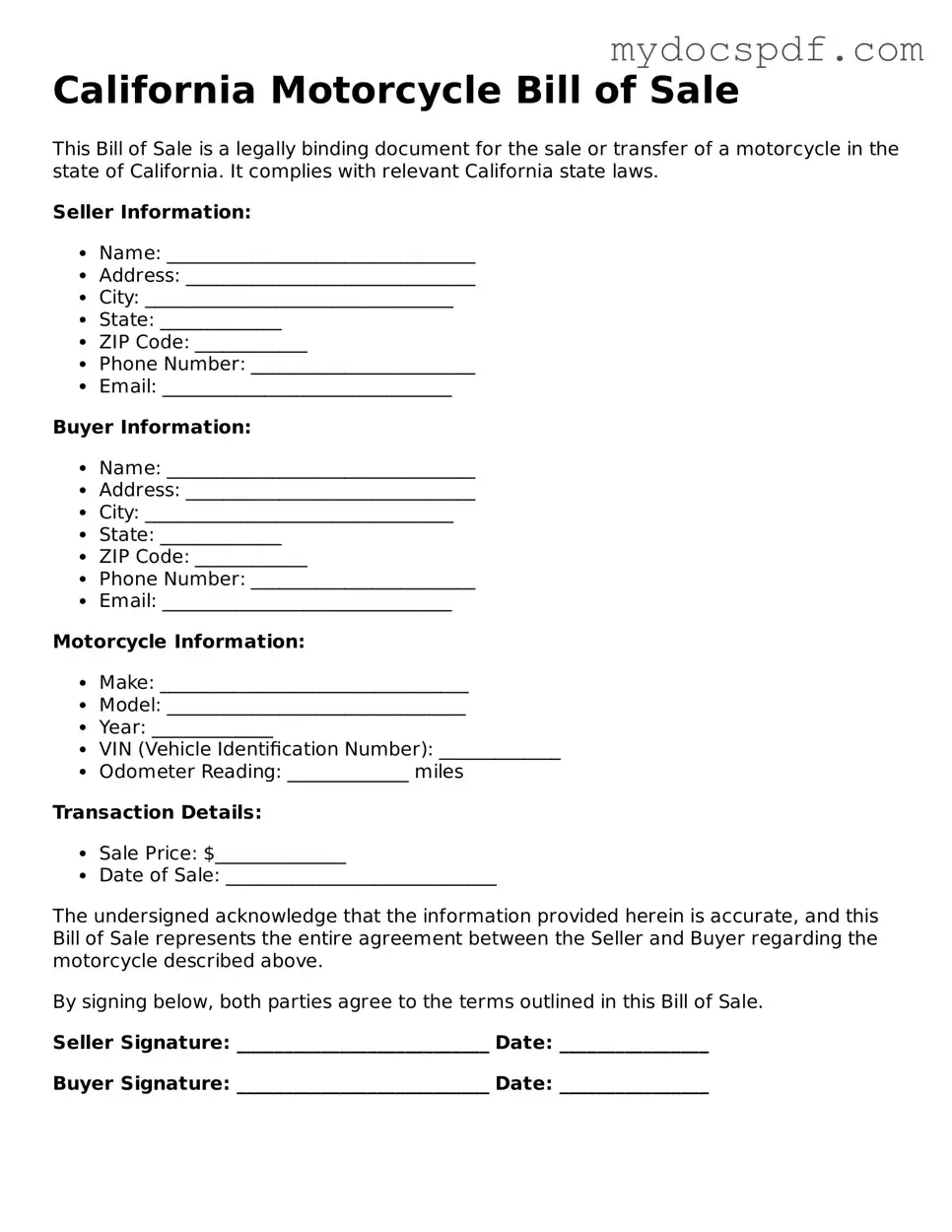 Fillable California Motorcycle Bill of Sale Document