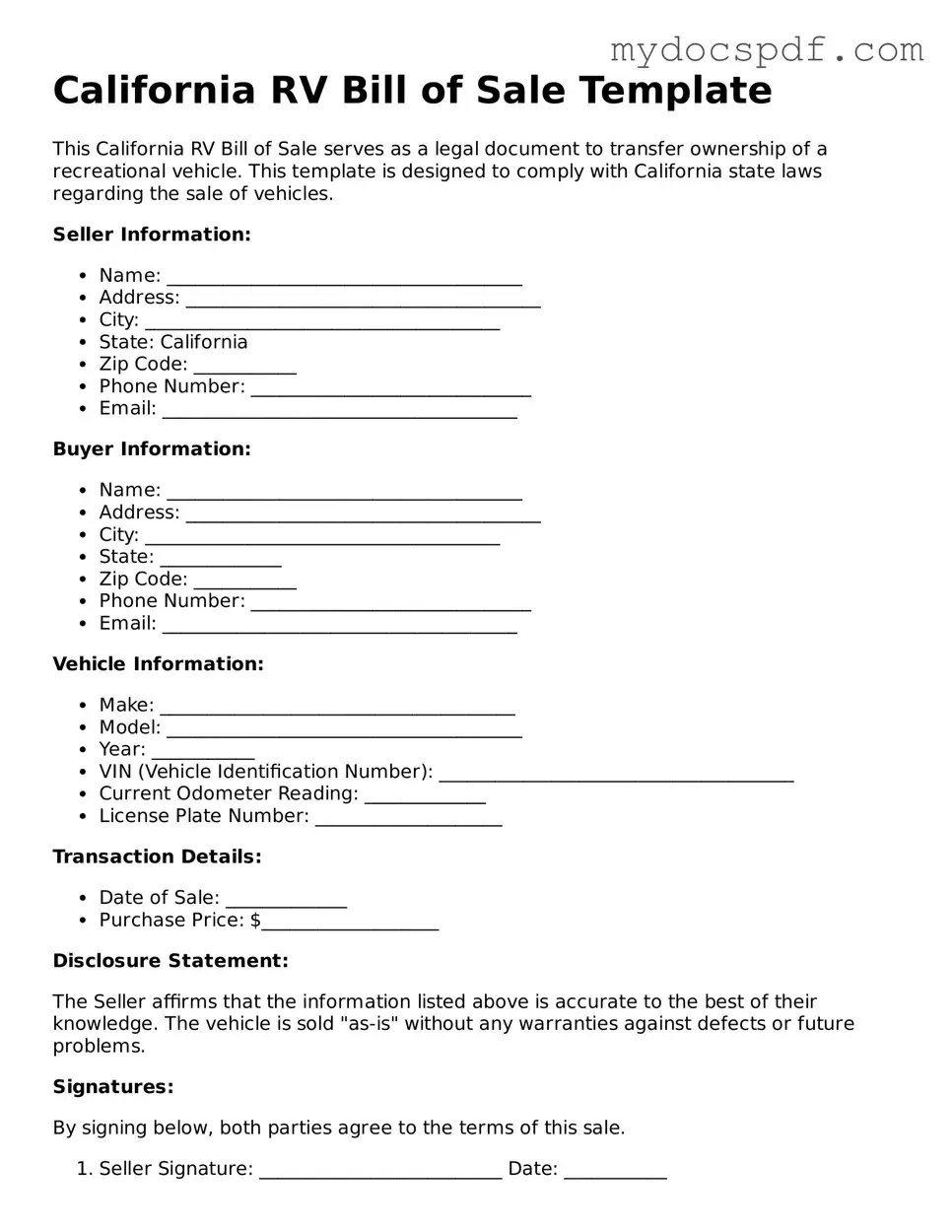Fillable California RV Bill of Sale Document