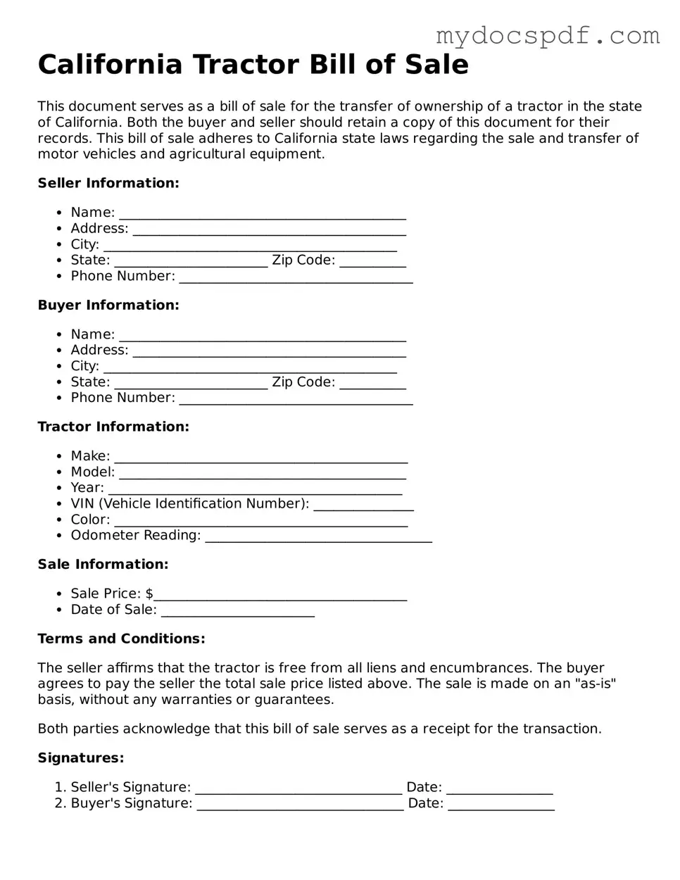 Fillable California Tractor Bill of Sale Document