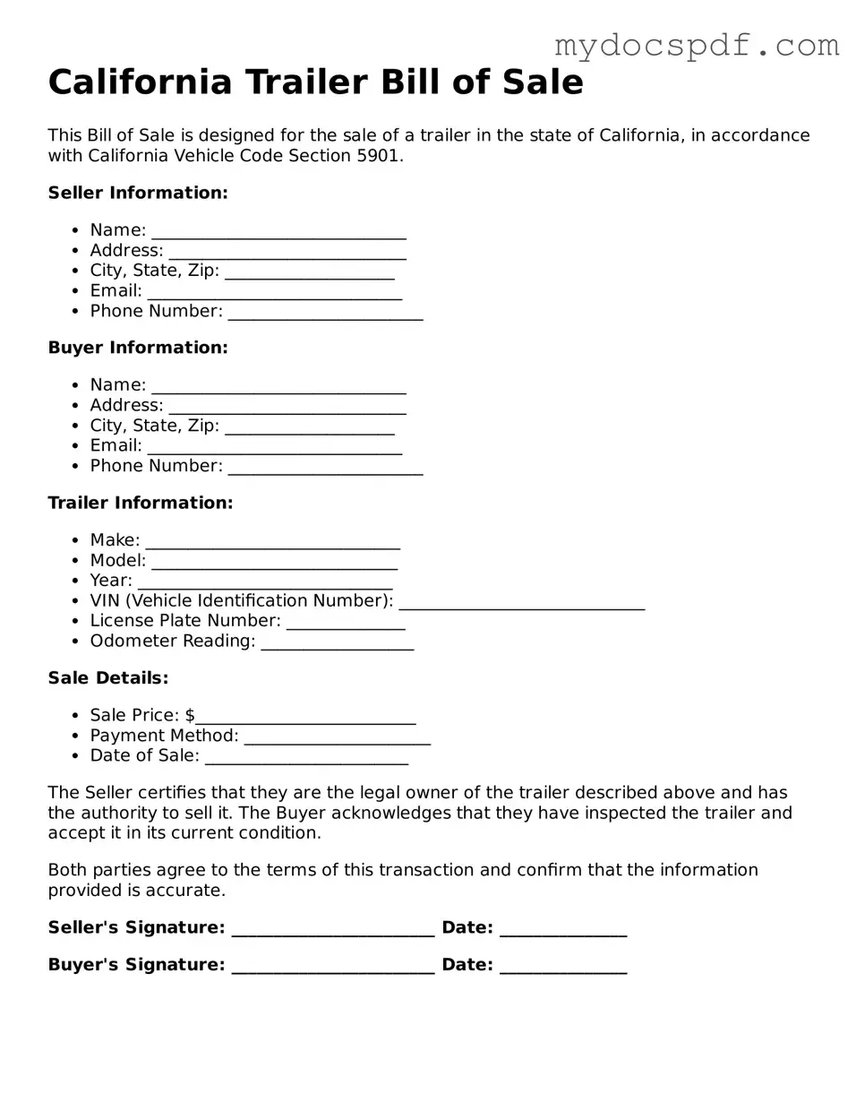 Fillable California Trailer Bill of Sale Document