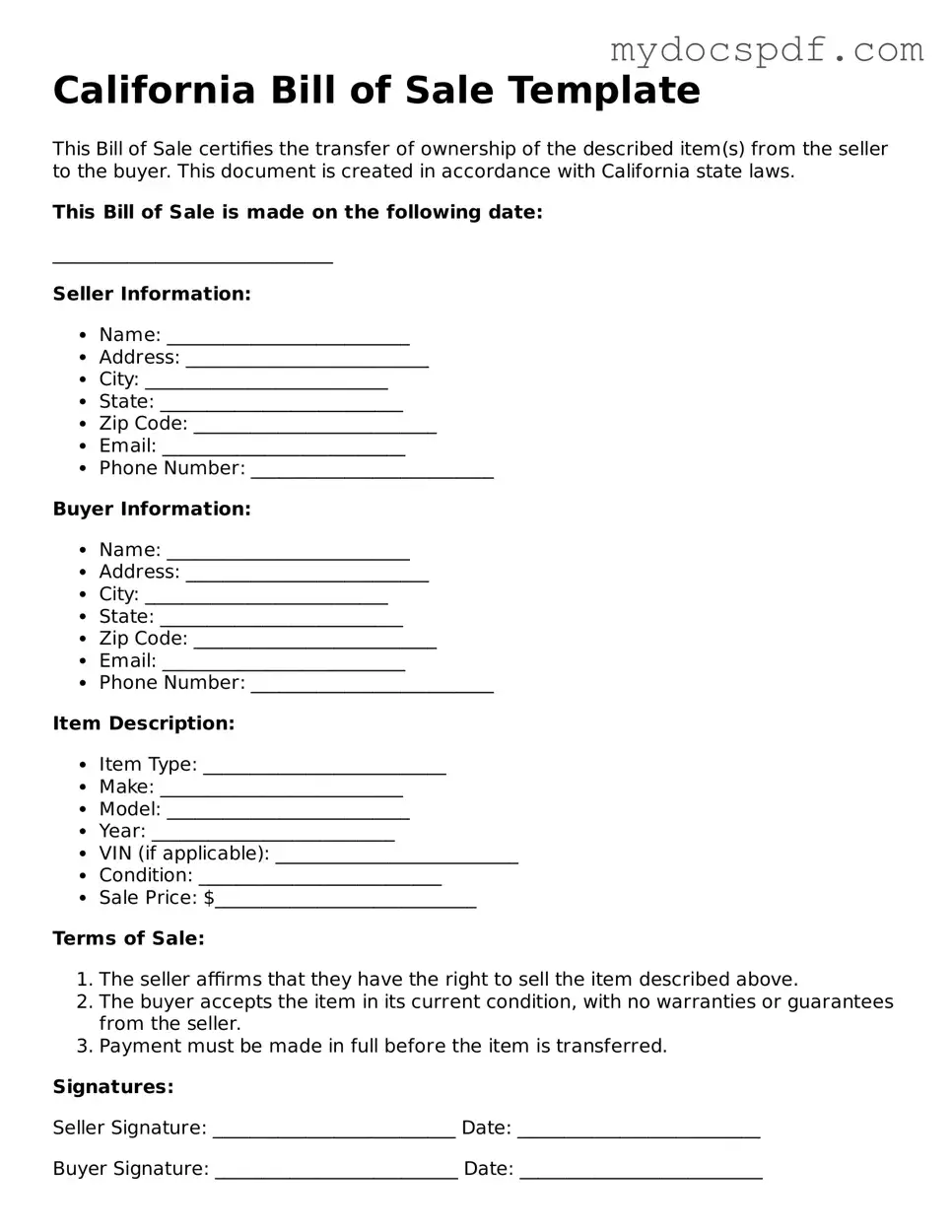 Fillable California Bill of Sale Document