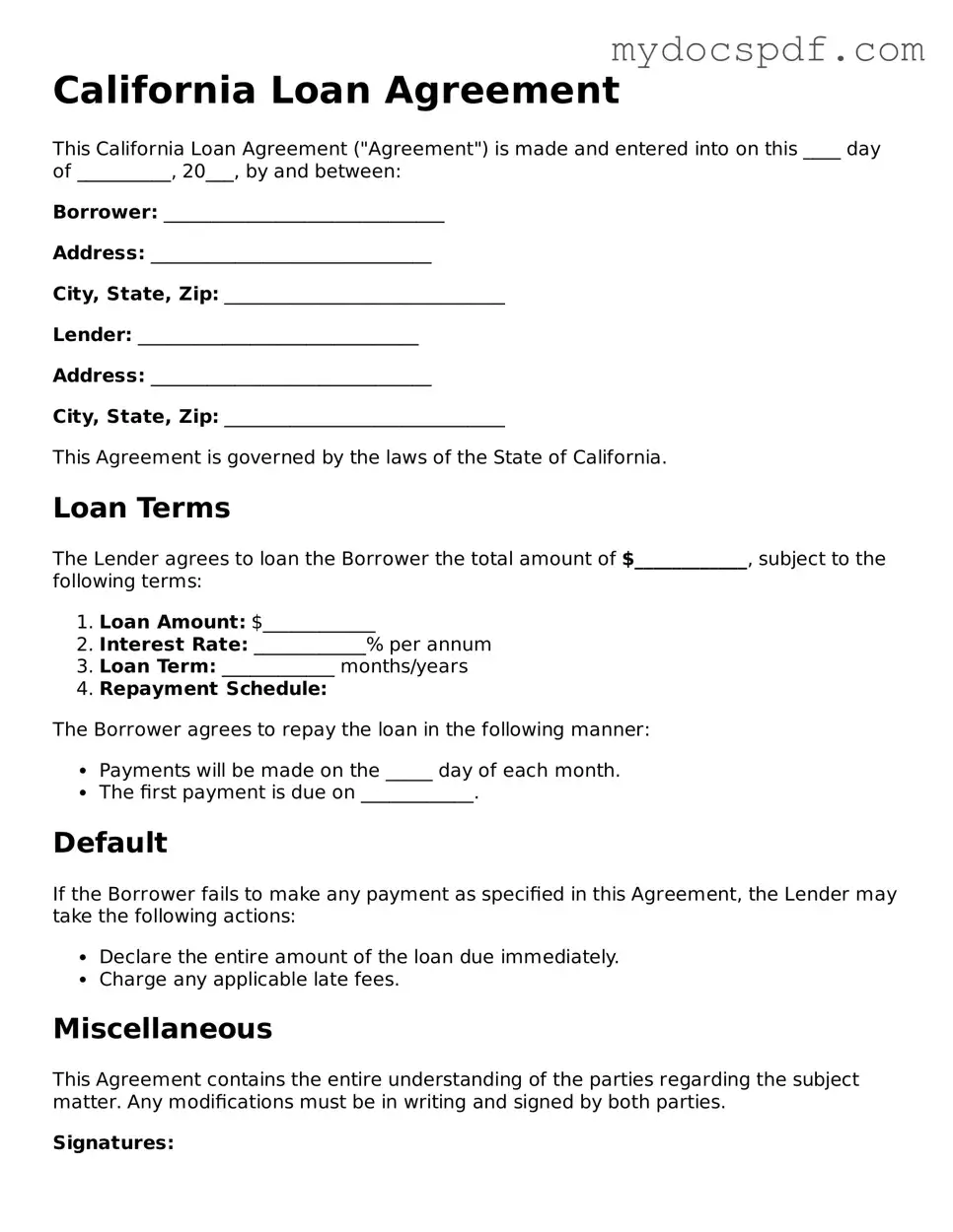 Fillable California Loan Agreement Document