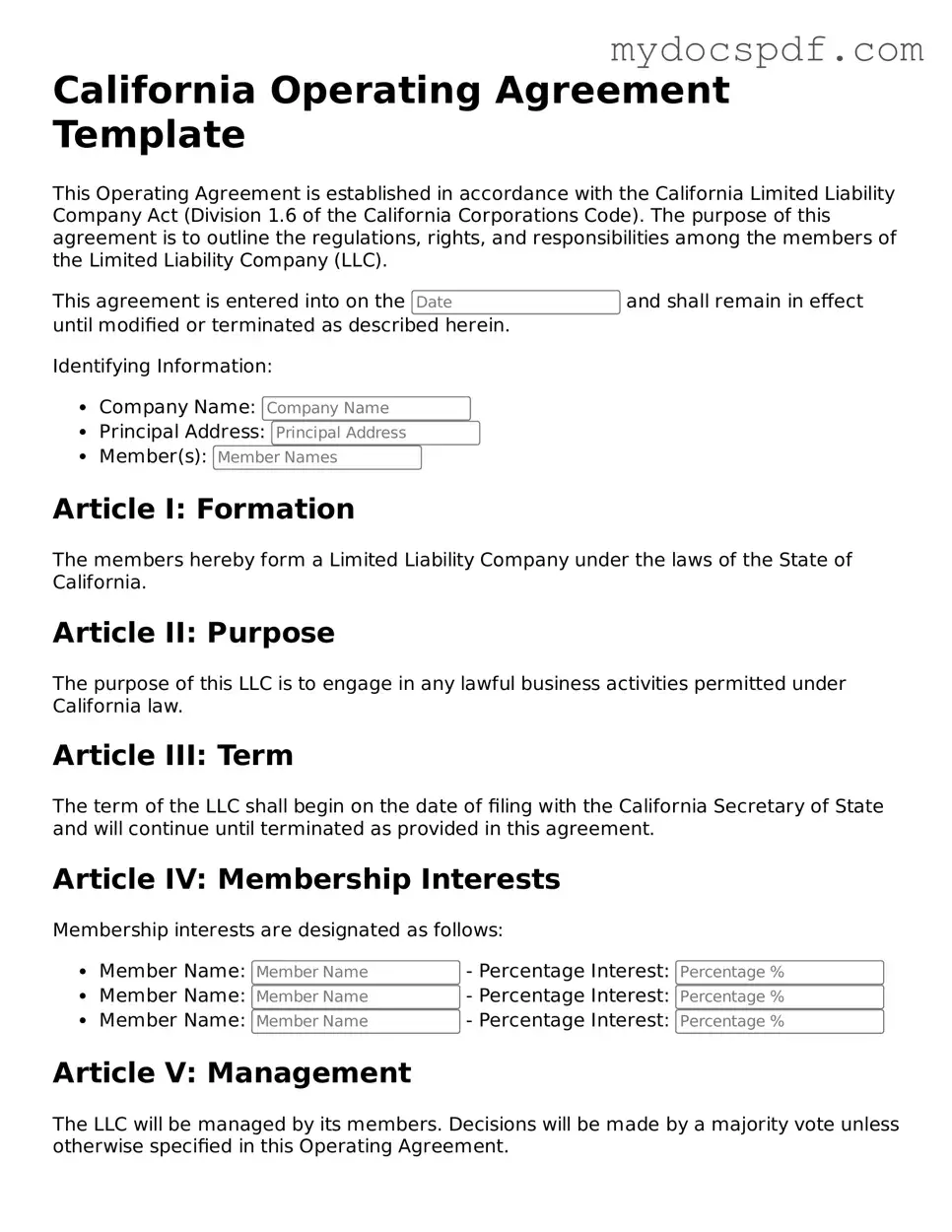 Fillable California Operating Agreement Document