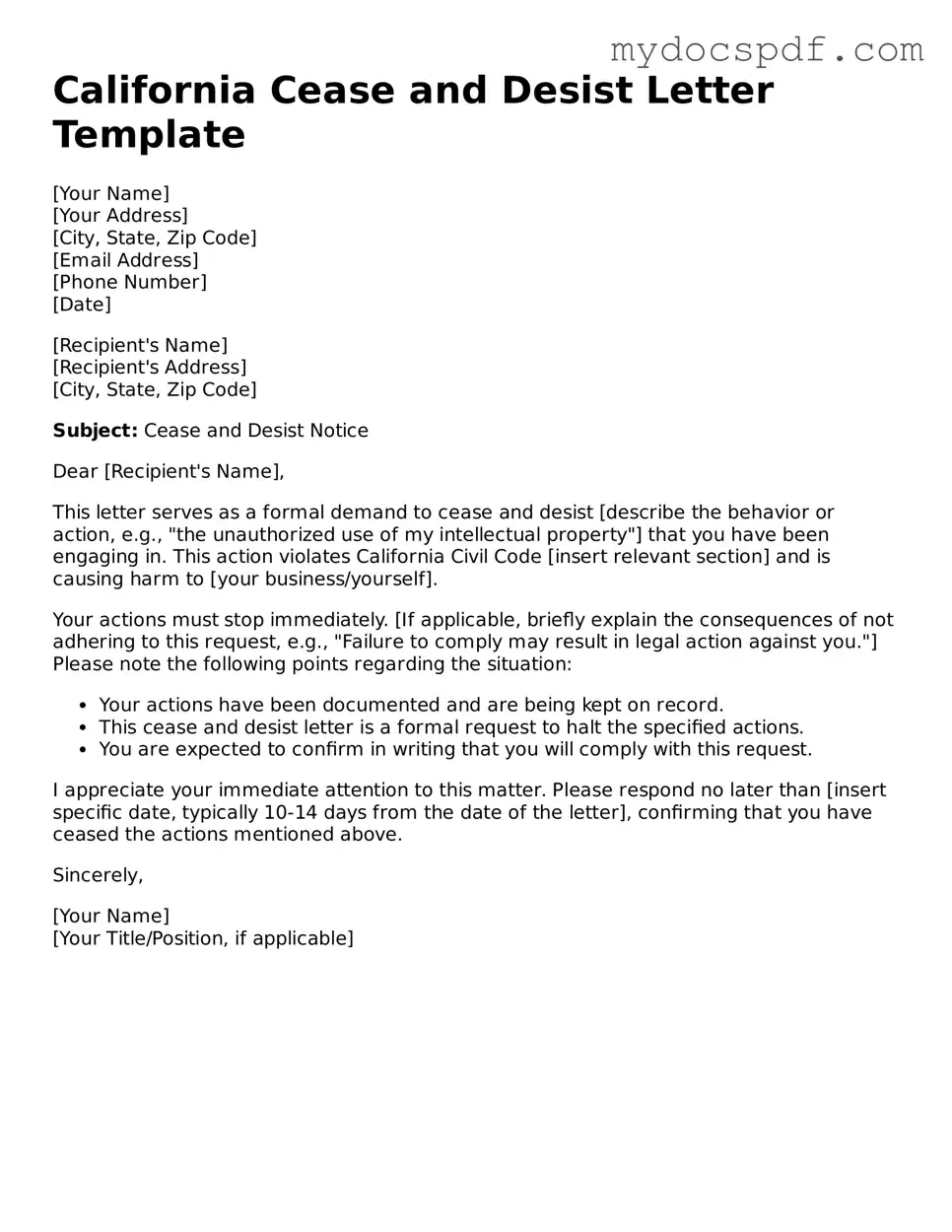 Fillable California Cease and Desist Letter Document