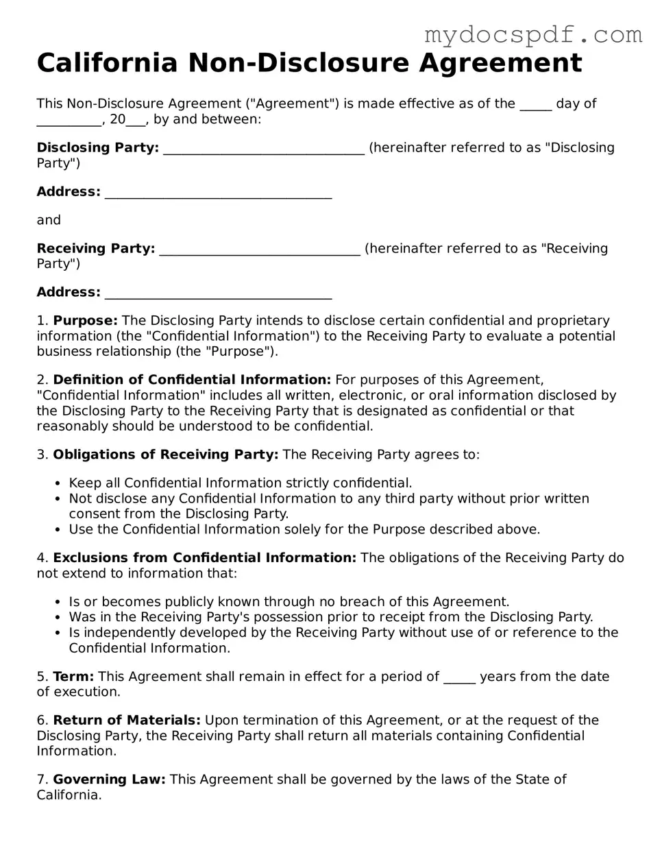 Fillable California Non-disclosure Agreement Document