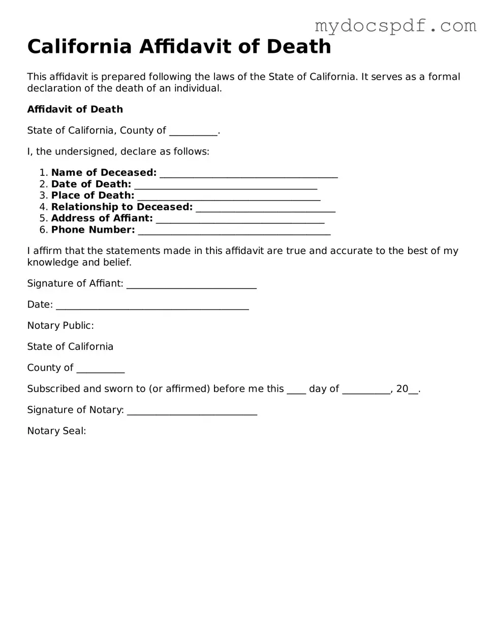 Fillable California Affidavit of Death Document