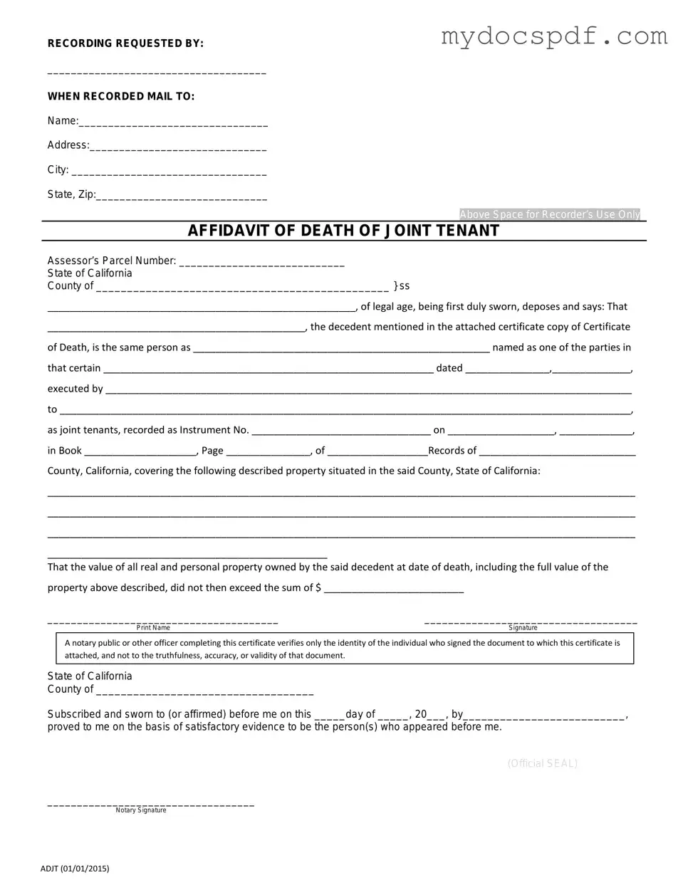 Get California Death of a Joint Tenant Affidavit Form in PDF