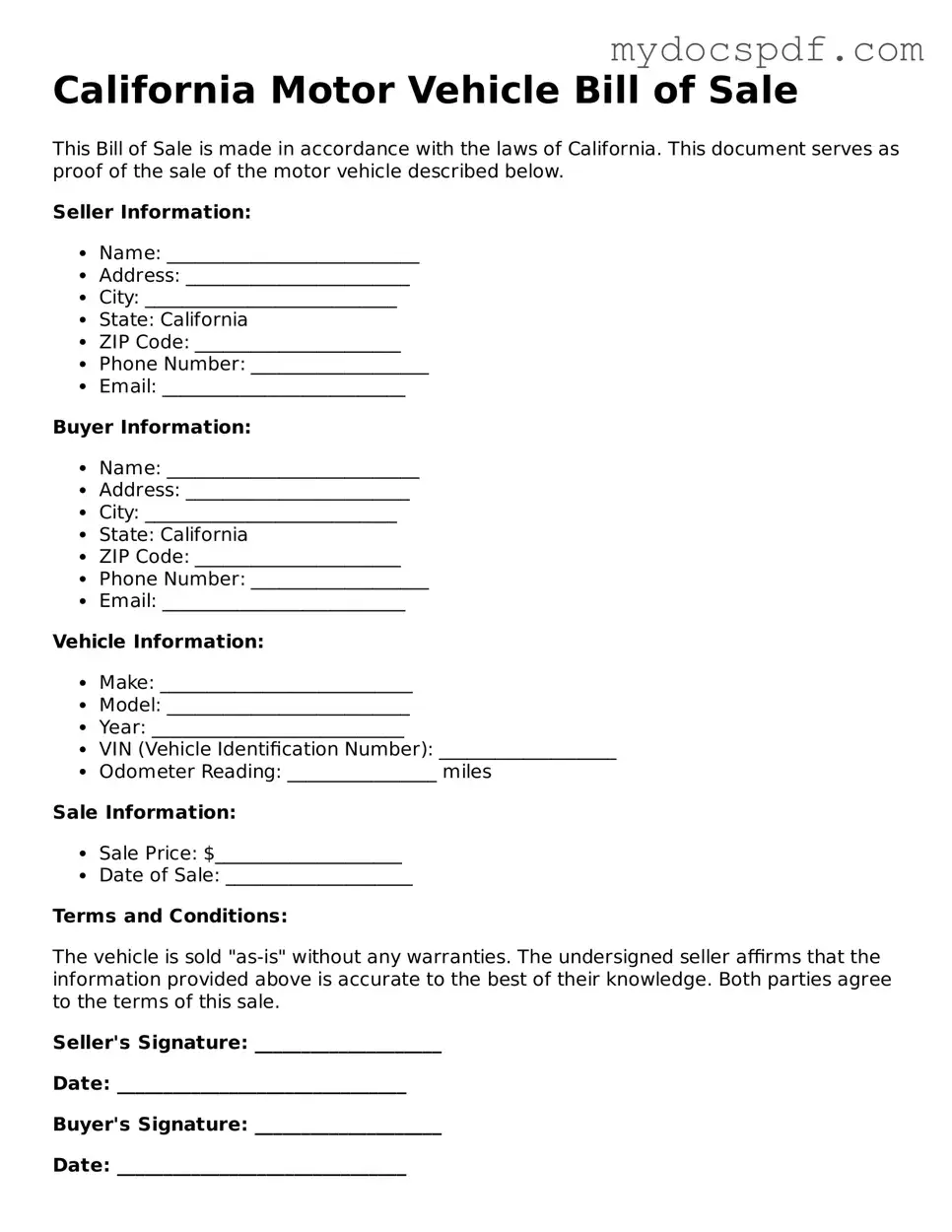 Fillable California Motor Vehicle Bill of Sale Document