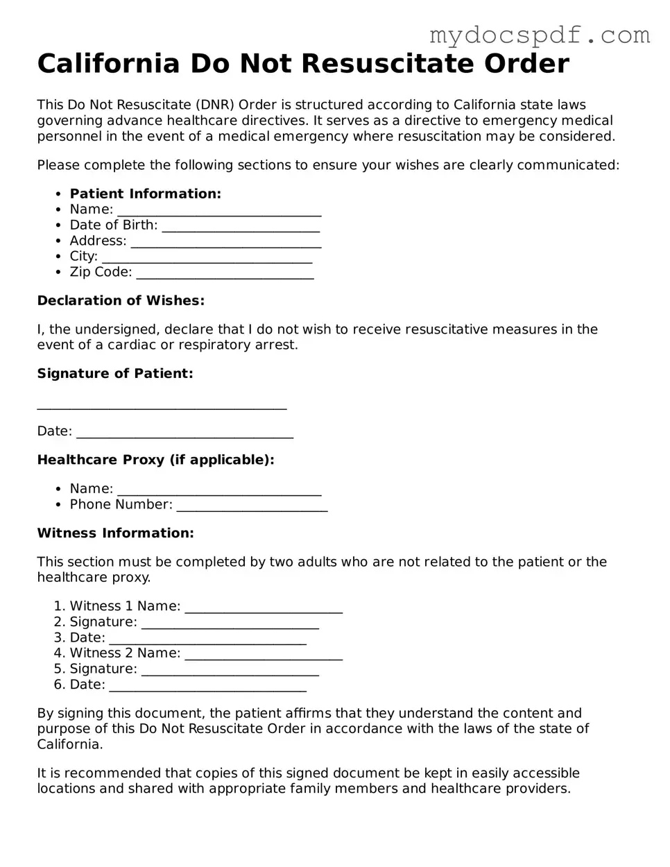 Fillable California Do Not Resuscitate Order Document