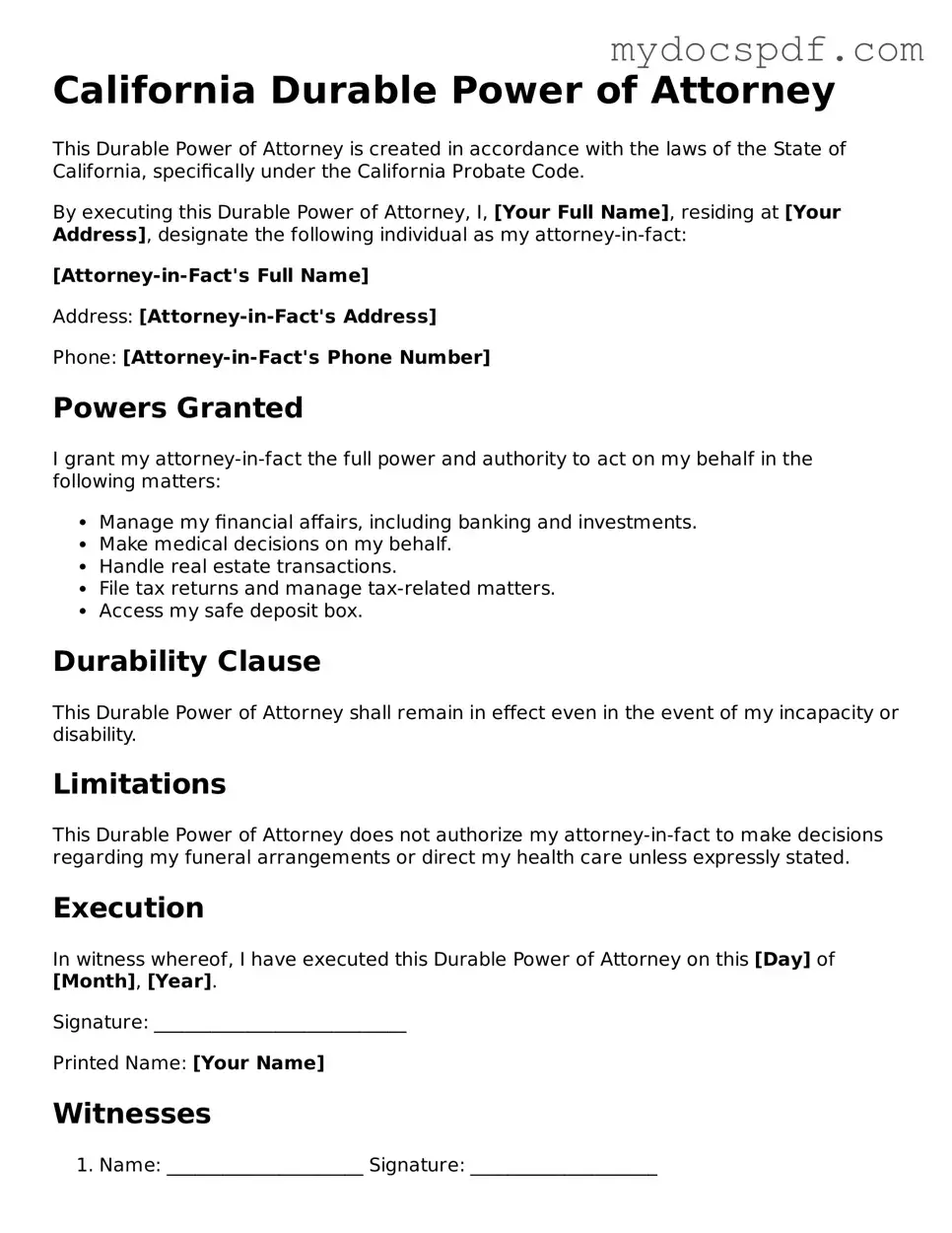 Fillable California Durable Power of Attorney Document