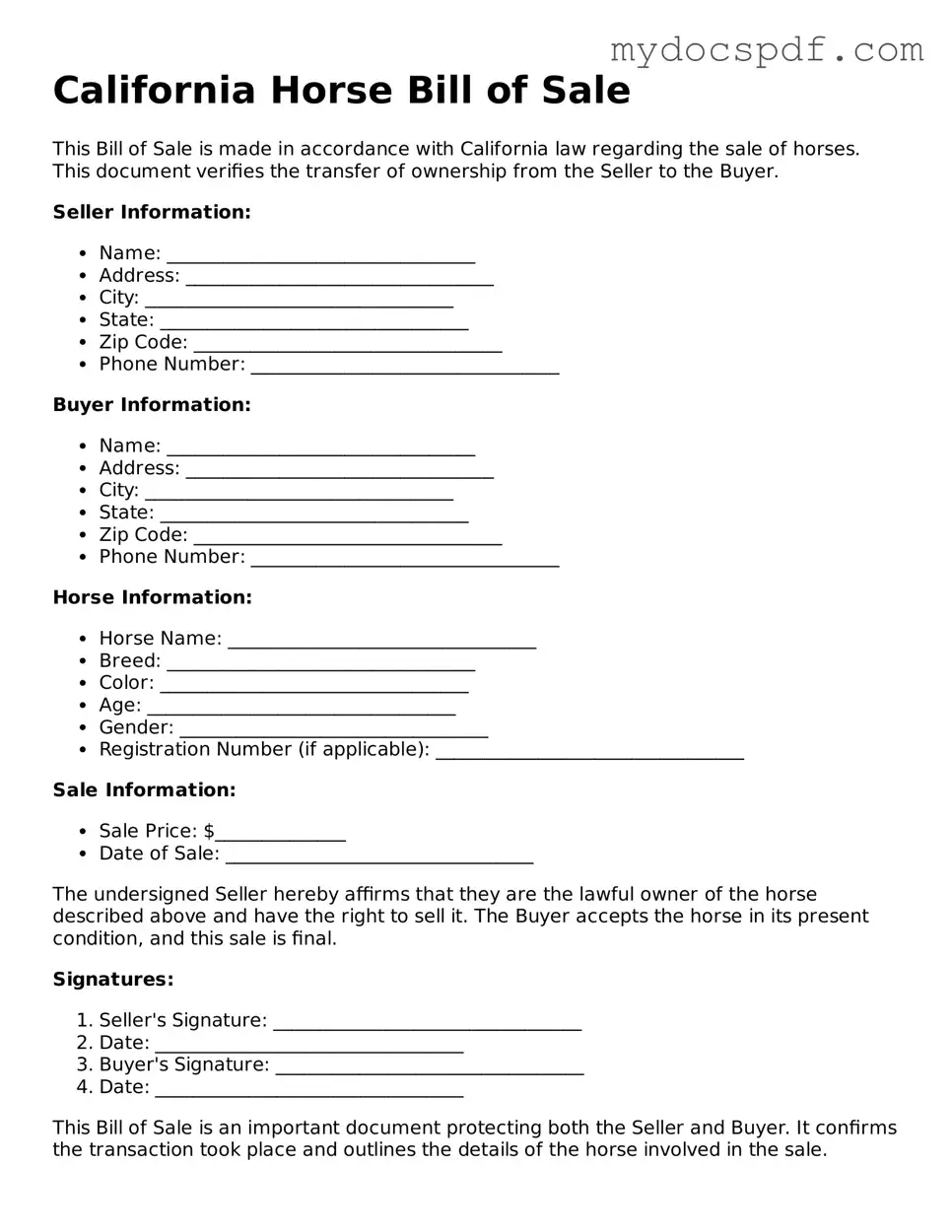 Fillable California Horse Bill of Sale Document