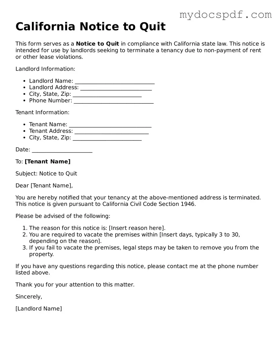 Fillable California Notice to Quit Document