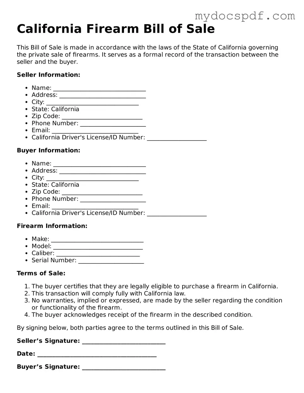 Fillable California Firearm Bill of Sale Document