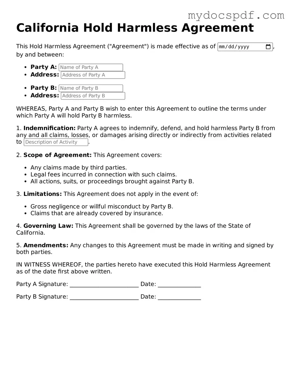 Fillable California Hold Harmless Agreement Document