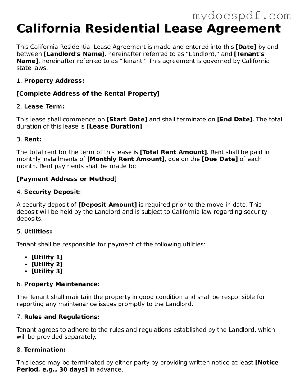Fillable California Residential Lease Agreement Document