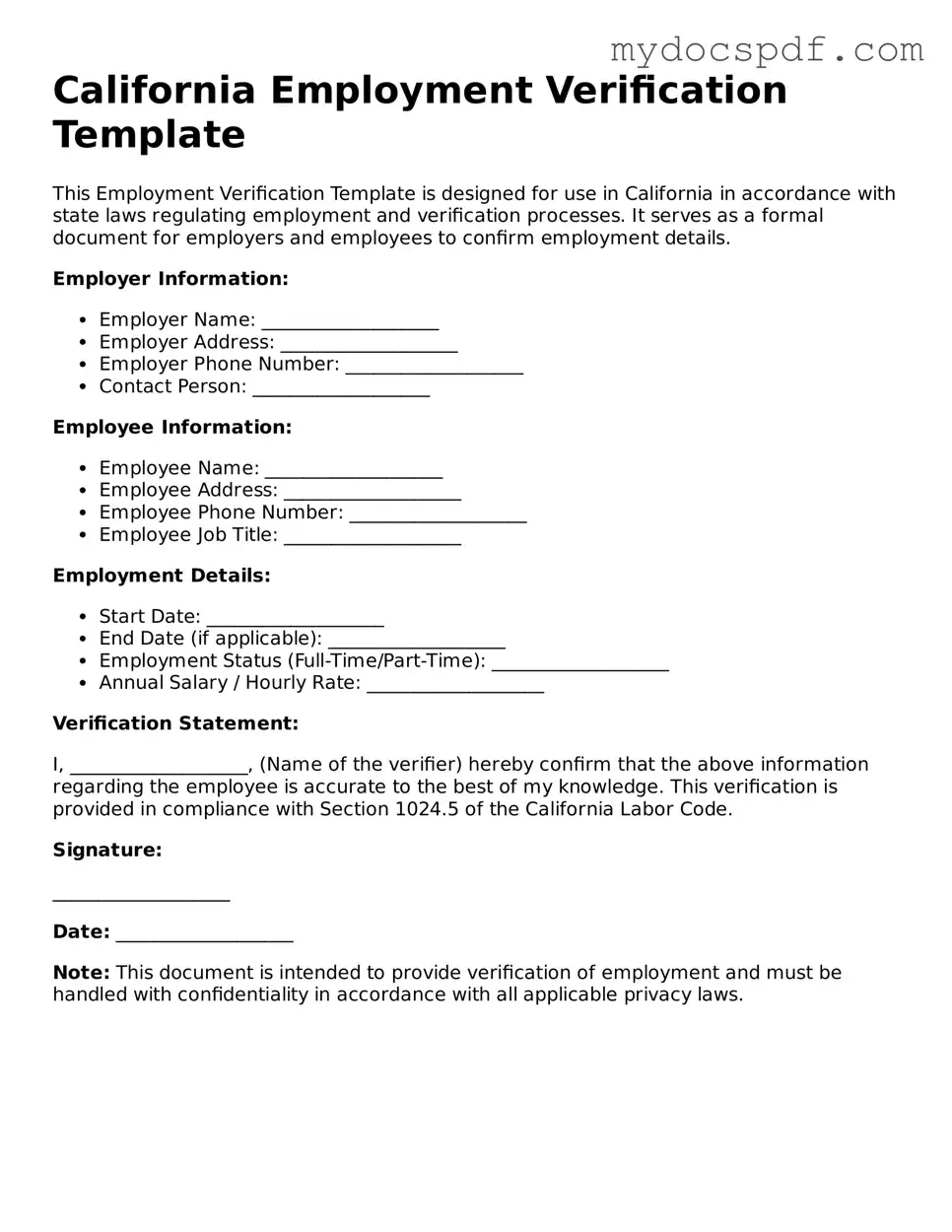 Fillable California Employment Verification Document