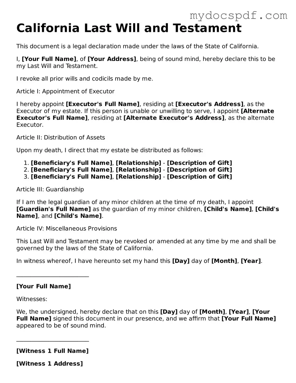 Fillable California Last Will and Testament Document