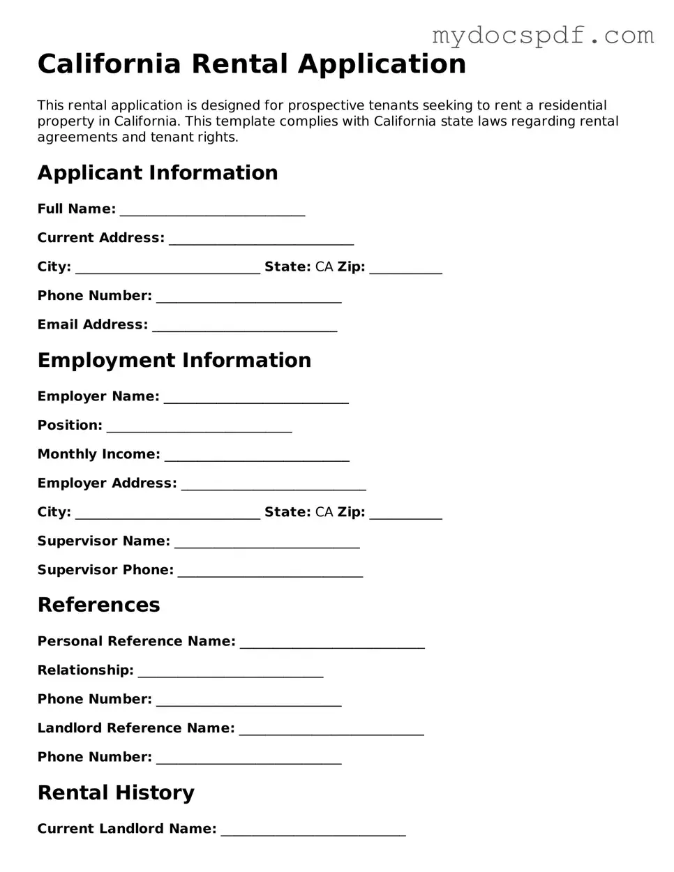Fillable California Rental Application Document