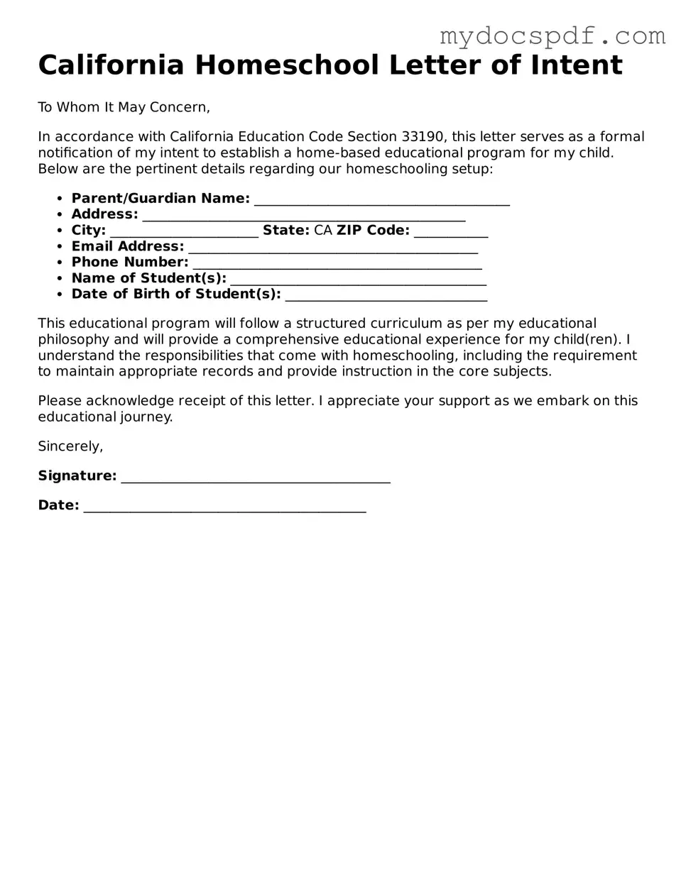 Fillable California Homeschool Letter of Intent Document