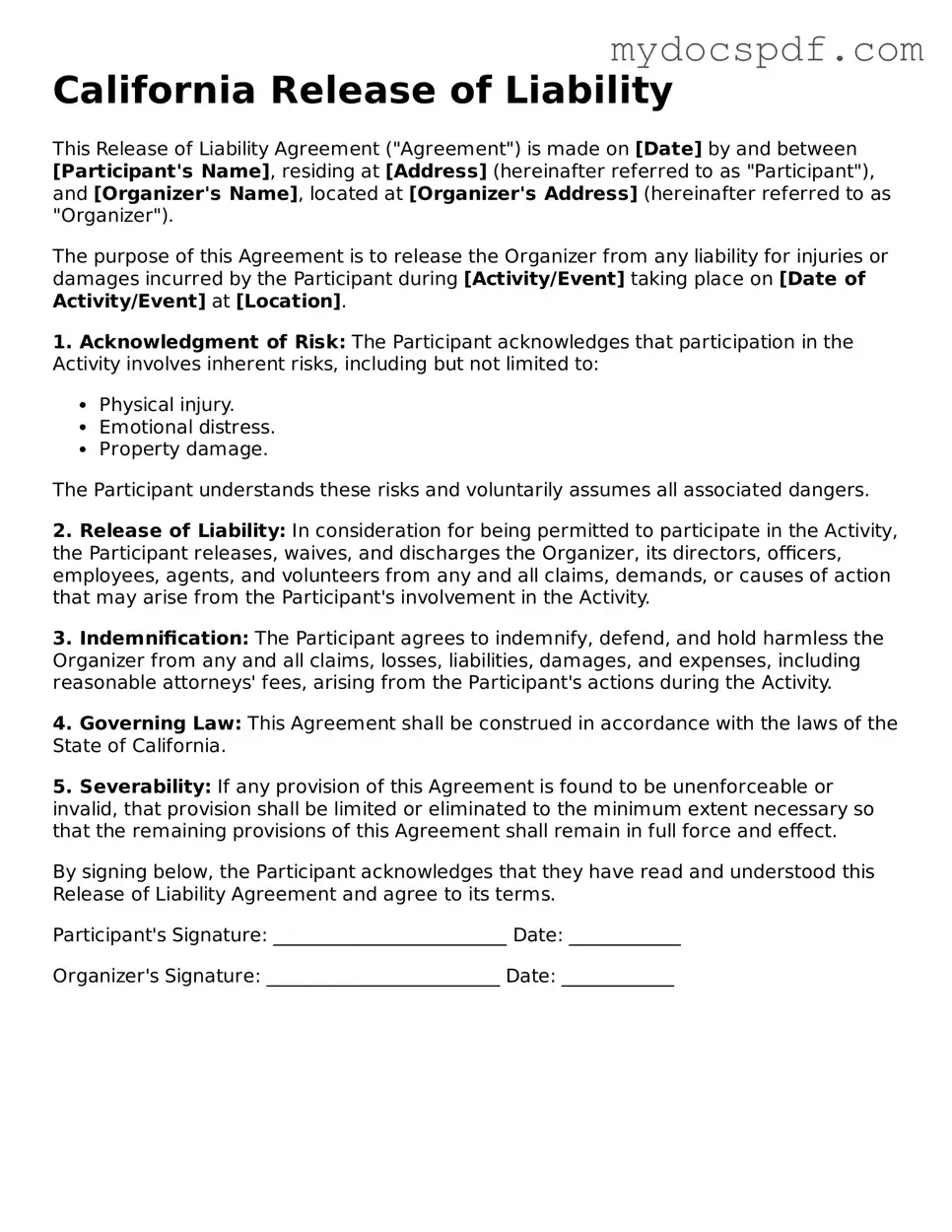 Fillable California Release of Liability Document