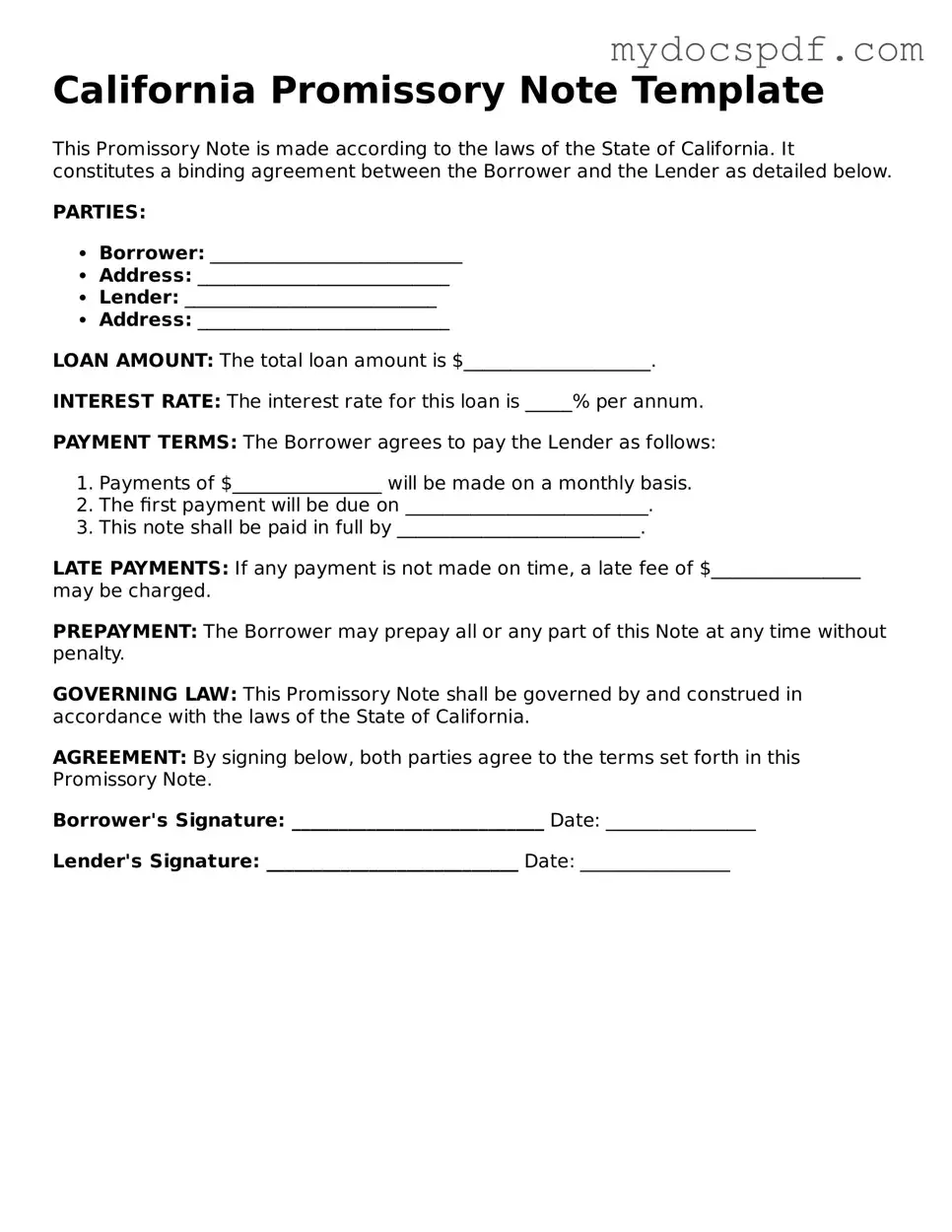 Fillable California Promissory Note Document