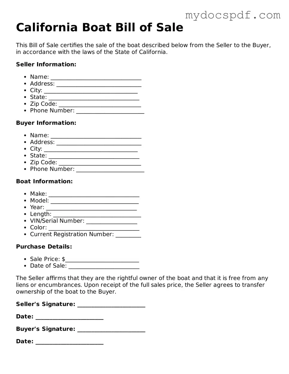 Fillable California Boat Bill of Sale Document