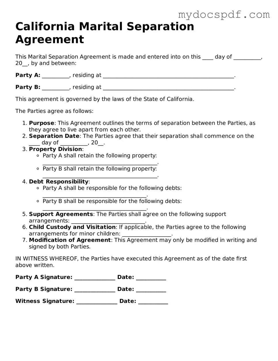 Fillable California Marital Separation Agreement Document