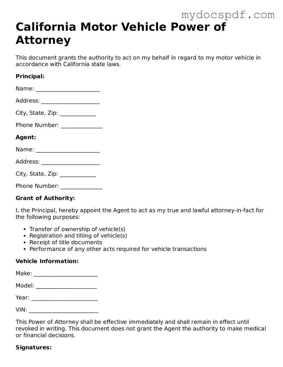 Fillable California Motor Vehicle Power of Attorney Document