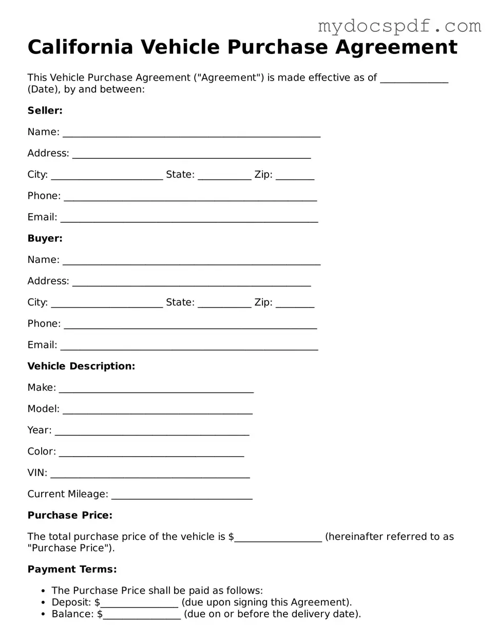 Fillable California Vehicle Purchase Agreement Document