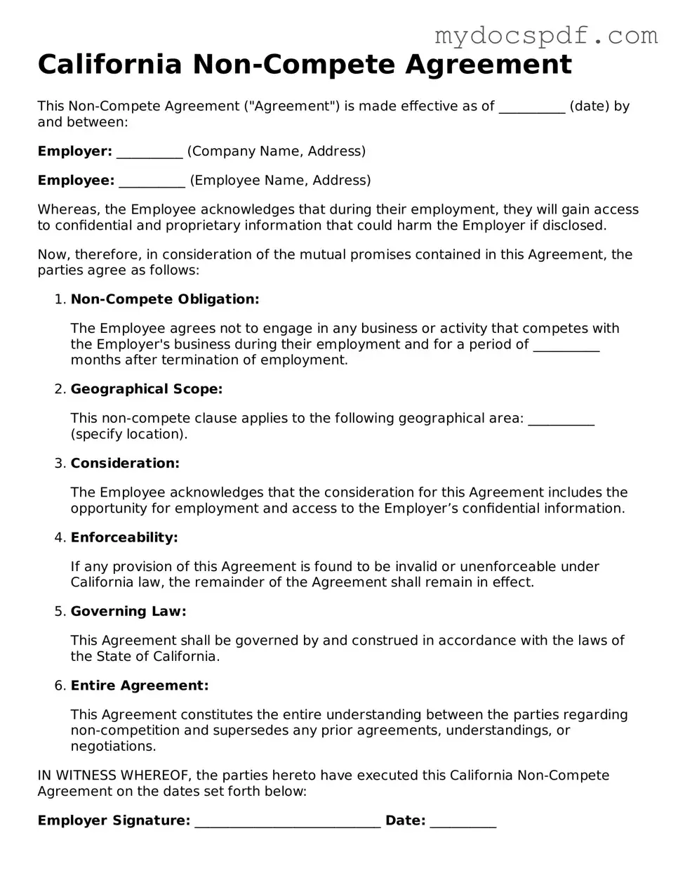 Fillable California Non-compete Agreement Document