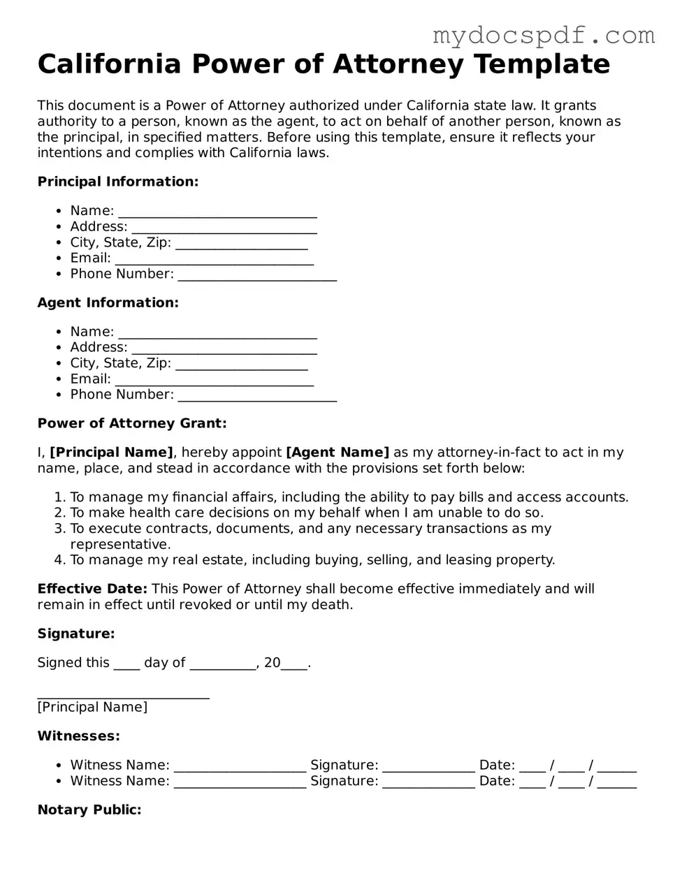 Fillable California Power of Attorney Document
