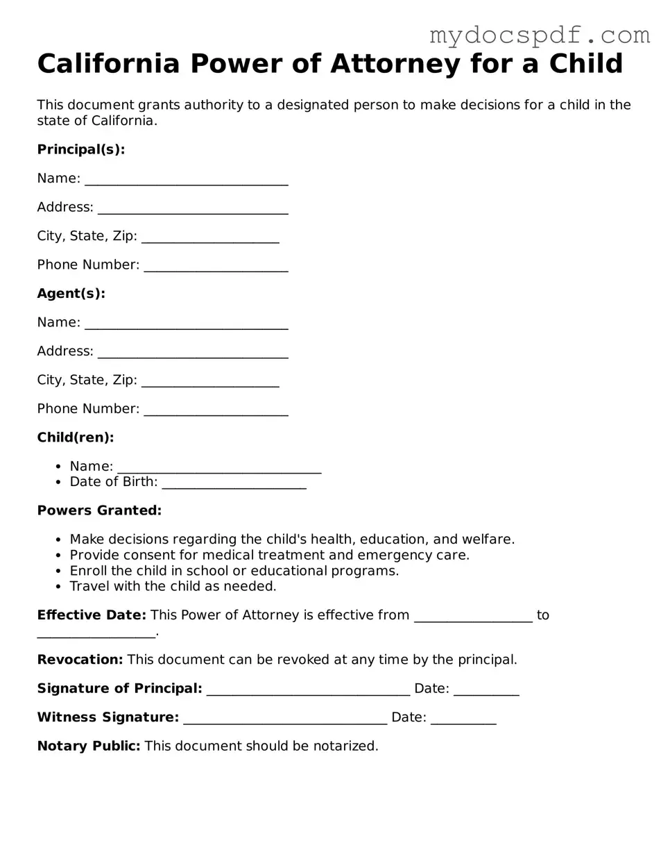 Fillable California Power of Attorney for a Child Document