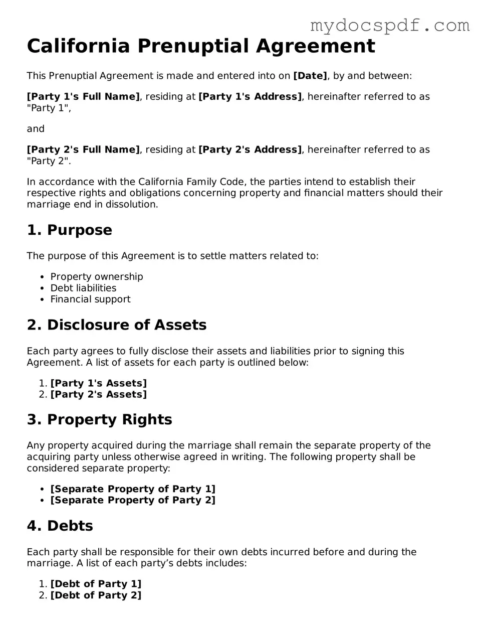 Fillable California Prenuptial Agreement Document