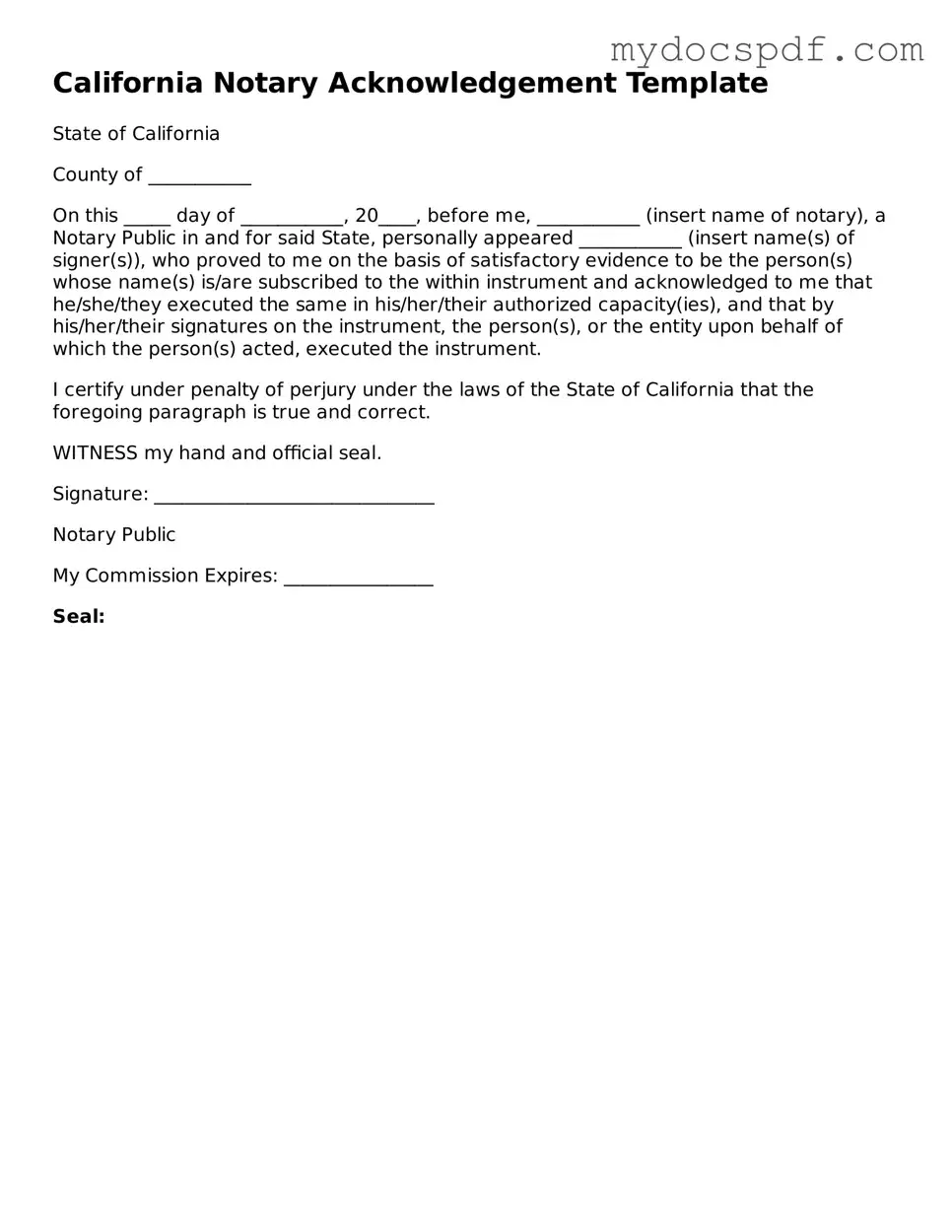 Fillable California Notary Acknowledgement Document