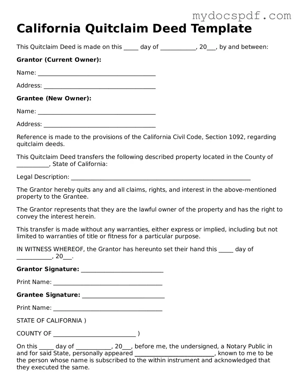 Fillable California Quitclaim Deed Document